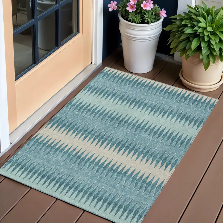 3' X 5' Teal Blue Aqua And Ivory Striped Washable Indoor Outdoor Area Rug