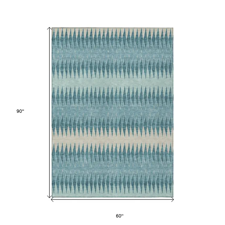 5' X 8' Teal Blue Aqua And Ivory Striped Washable Indoor Outdoor Area Rug