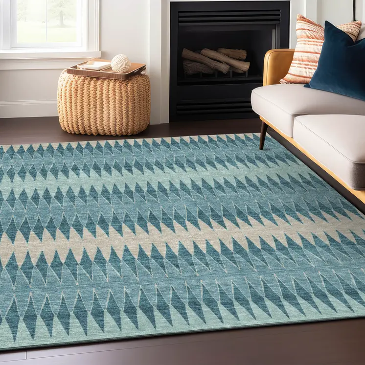 5' X 8' Teal Blue Aqua And Ivory Striped Washable Indoor Outdoor Area Rug