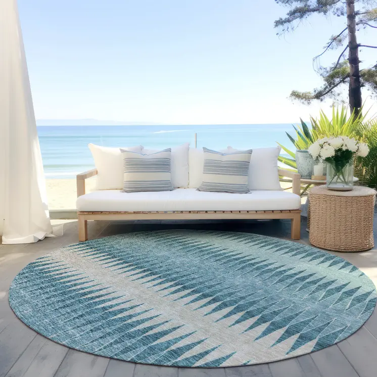 8' Teal Blue Aqua And Ivory Round Striped Washable Indoor Outdoor Area Rug