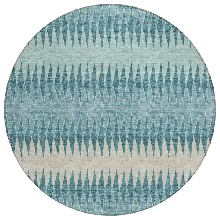 8' Teal Blue Aqua And Ivory Round Striped Washable Indoor Outdoor Area Rug