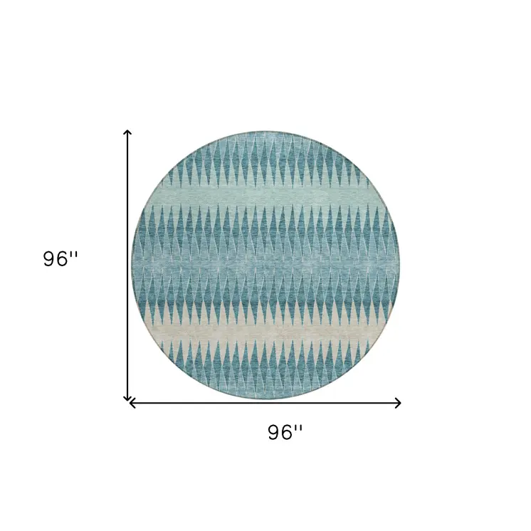 8' Teal Blue Aqua And Ivory Round Striped Washable Indoor Outdoor Area Rug