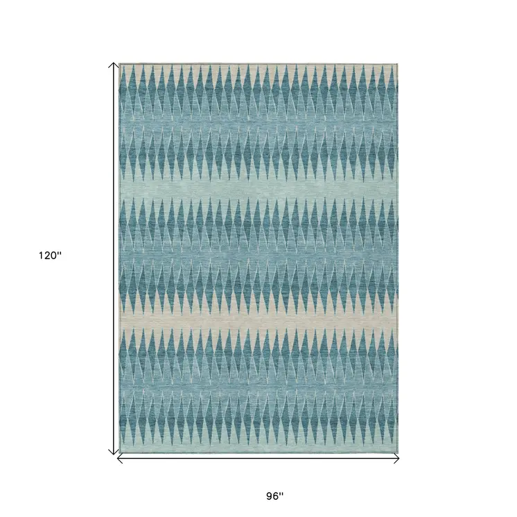 8' X 10' Teal Blue Aqua And Ivory Striped Washable Indoor Outdoor Area Rug