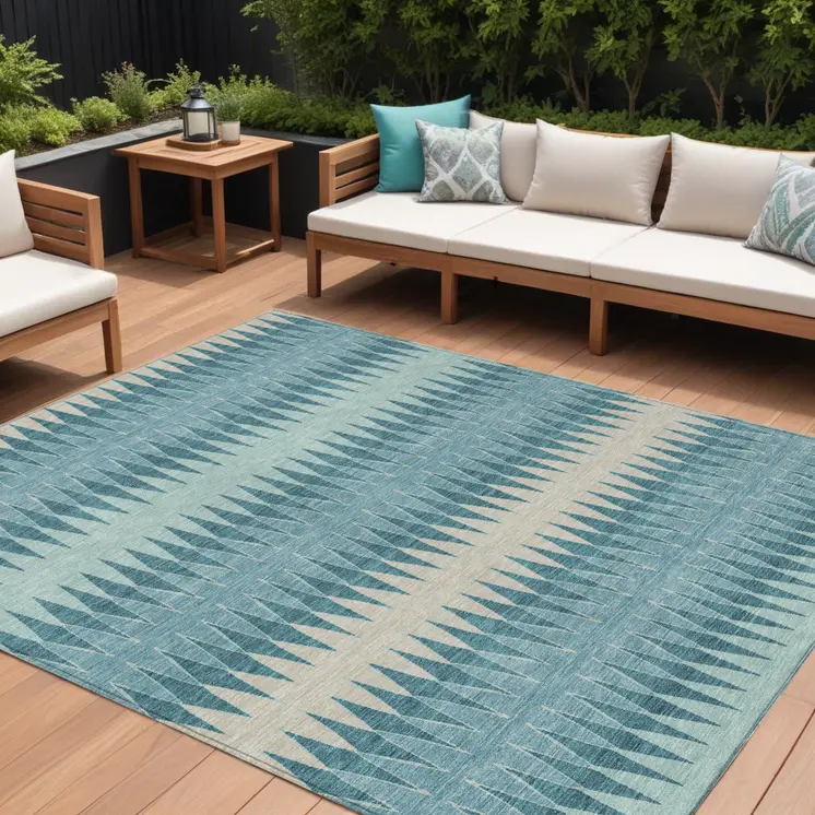 8' X 10' Teal Blue Aqua And Ivory Striped Washable Indoor Outdoor Area Rug