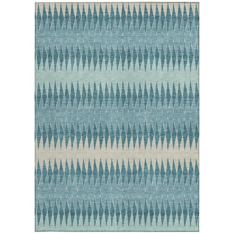 9' X 12' Teal Blue Aqua And Ivory Striped Washable Indoor Outdoor Area Rug