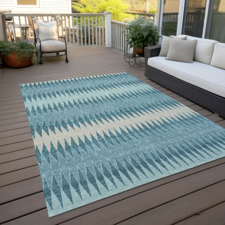 9' X 12' Teal Blue Aqua And Ivory Striped Washable Indoor Outdoor Area Rug
