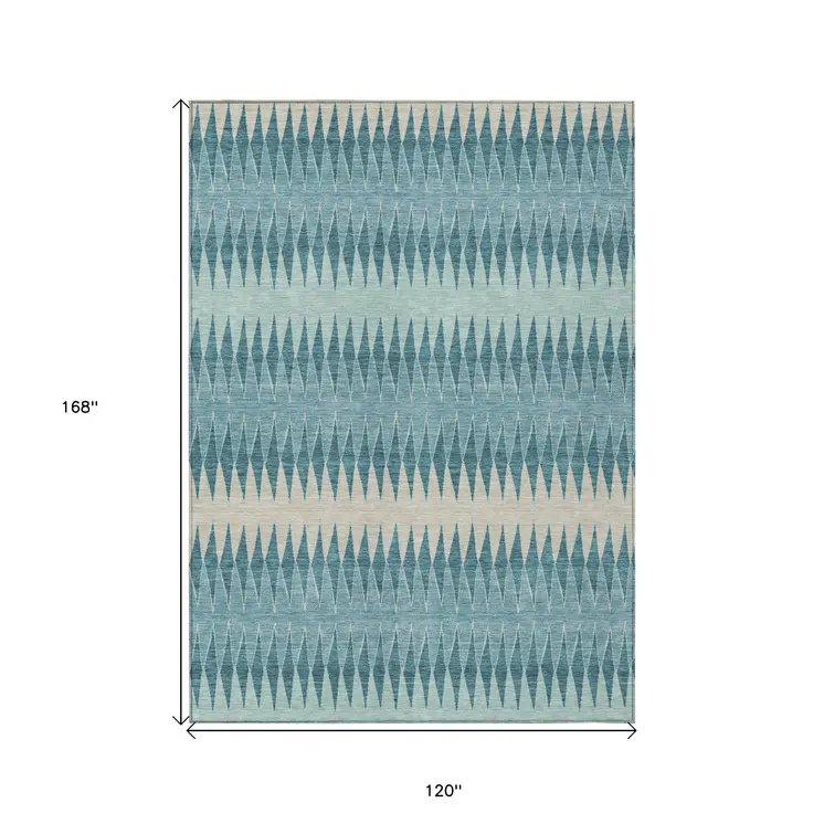 10' X 14' Teal Blue Aqua And Ivory Striped Washable Indoor Outdoor Area Rug