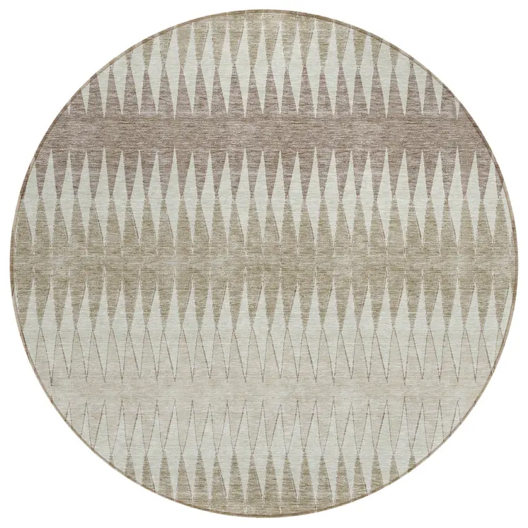 8' Taupe Beige And Ivory Round Striped Washable Indoor Outdoor Area Rug