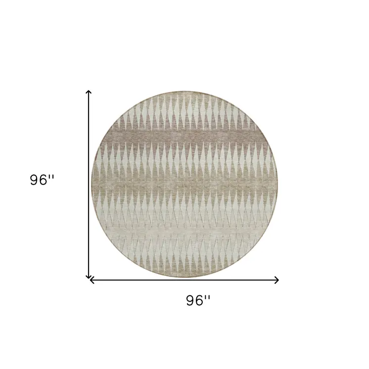 8' Taupe Beige And Ivory Round Striped Washable Indoor Outdoor Area Rug