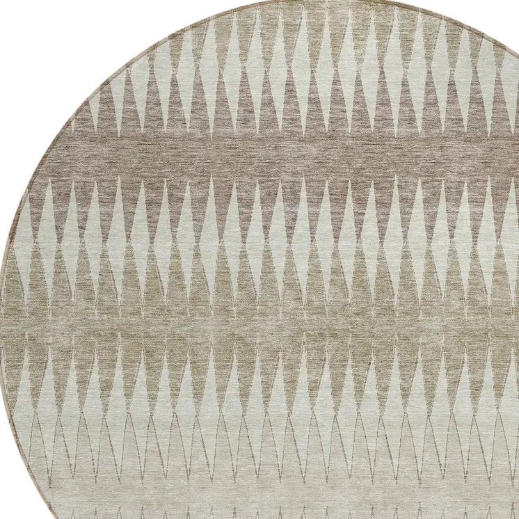 8' Taupe Beige And Ivory Round Striped Washable Indoor Outdoor Area Rug