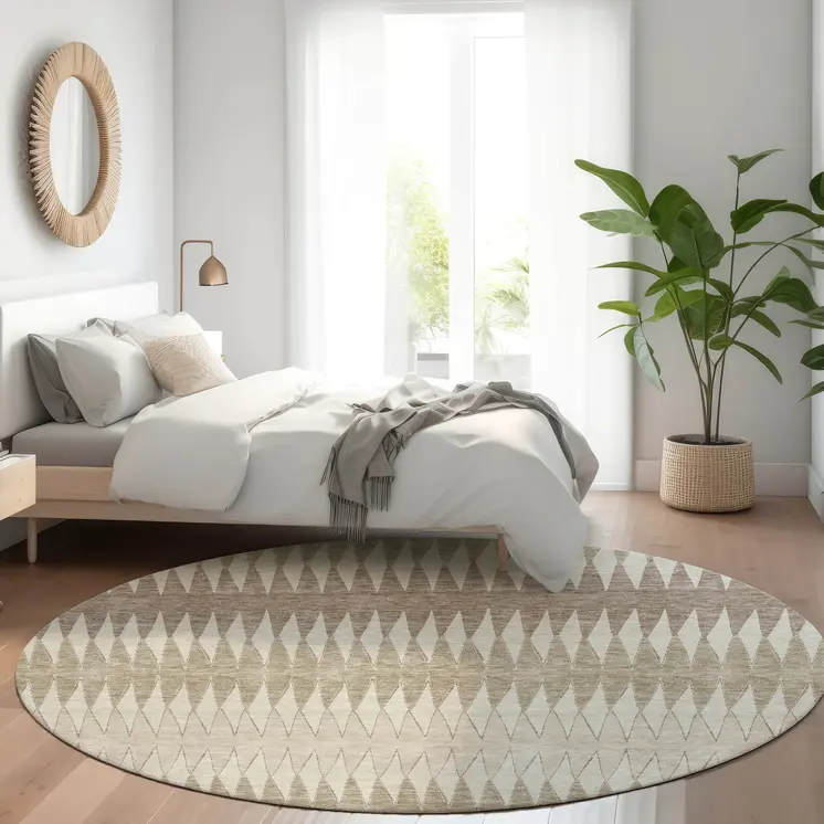 8' Taupe Beige And Ivory Round Striped Washable Indoor Outdoor Area Rug