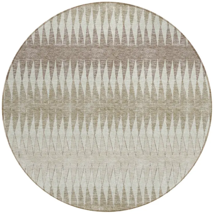 8' Taupe Beige And Ivory Round Striped Washable Indoor Outdoor Area Rug