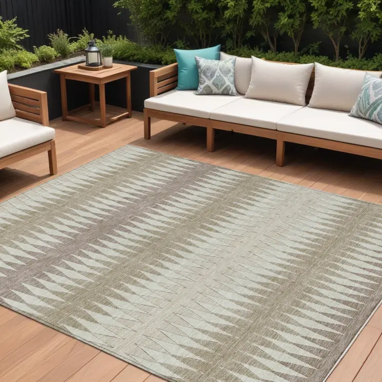 10' X 14' Taupe Beige And Ivory Striped Washable Indoor Outdoor Area Rug