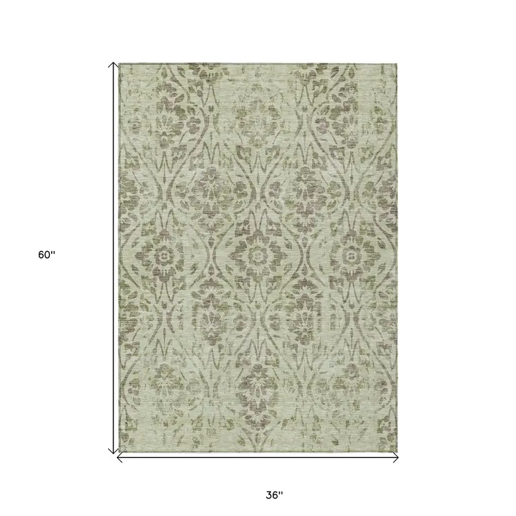 3' X 5' Artichoke Green And Brown Floral Washable Indoor Outdoor Area Rug