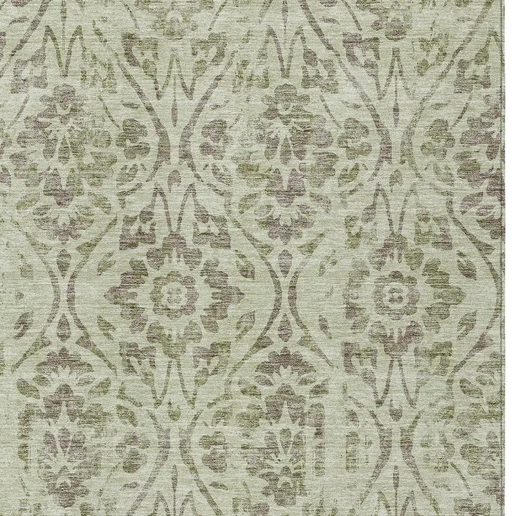 3' X 5' Artichoke Green And Brown Floral Washable Indoor Outdoor Area Rug