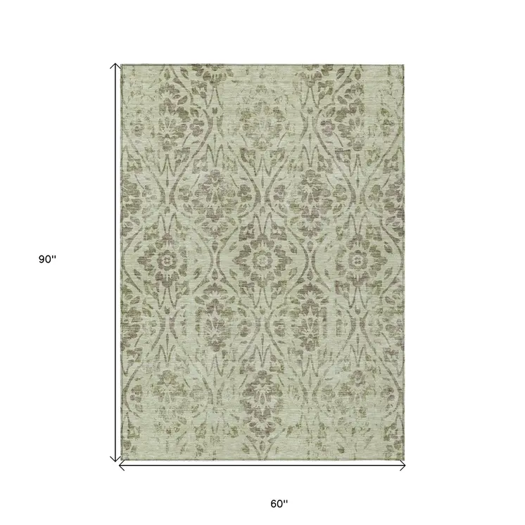 5' X 8' Artichoke Green And Brown Floral Washable Indoor Outdoor Area Rug