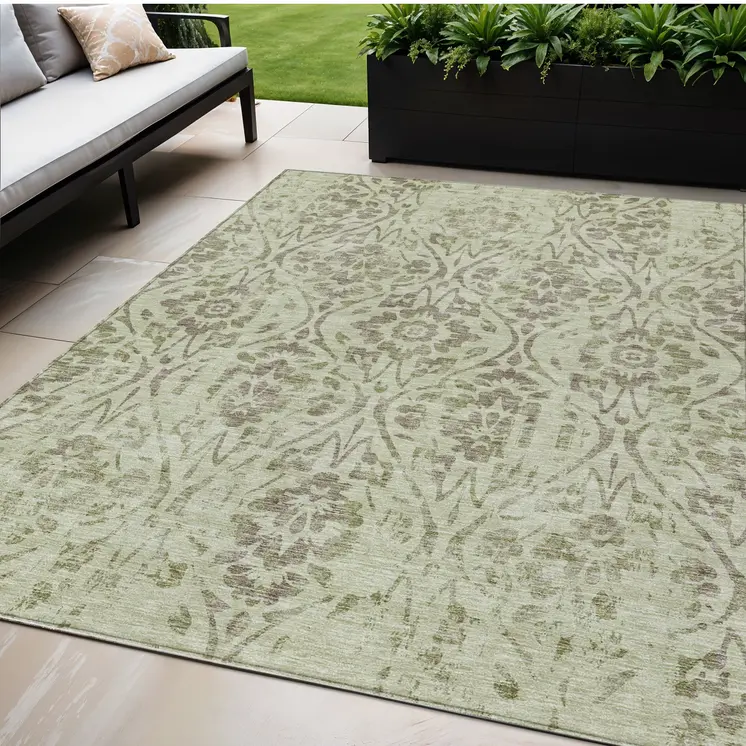 5' X 8' Artichoke Green And Brown Floral Washable Indoor Outdoor Area Rug