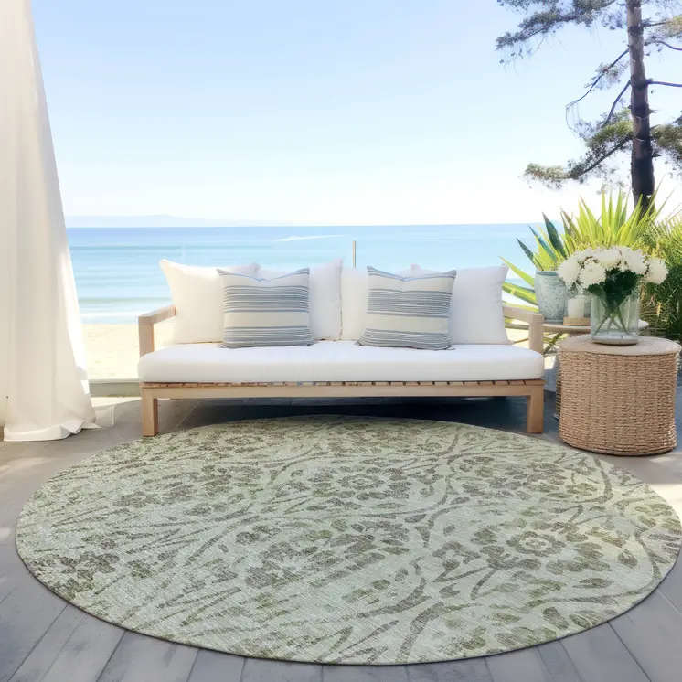 8' Artichoke Green And Brown Round Floral Washable Indoor Outdoor Area Rug