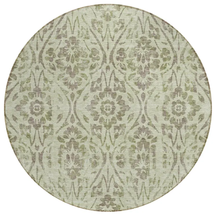 8' Artichoke Green And Brown Round Floral Washable Indoor Outdoor Area Rug