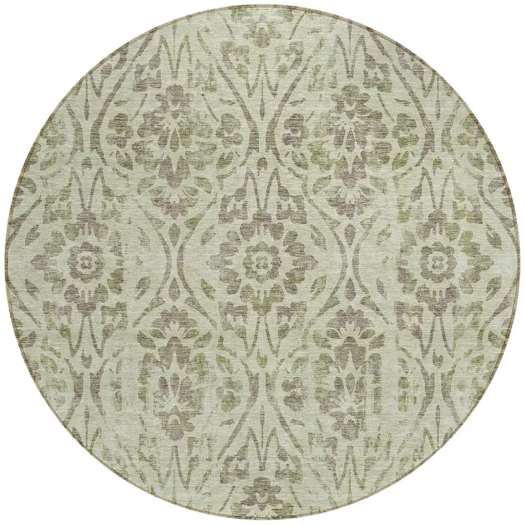 8' Artichoke Green And Brown Round Floral Washable Indoor Outdoor Area Rug