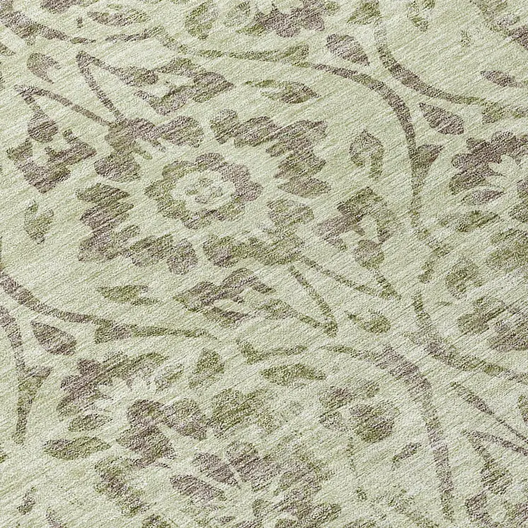 8' Artichoke Green And Brown Round Floral Washable Indoor Outdoor Area Rug
