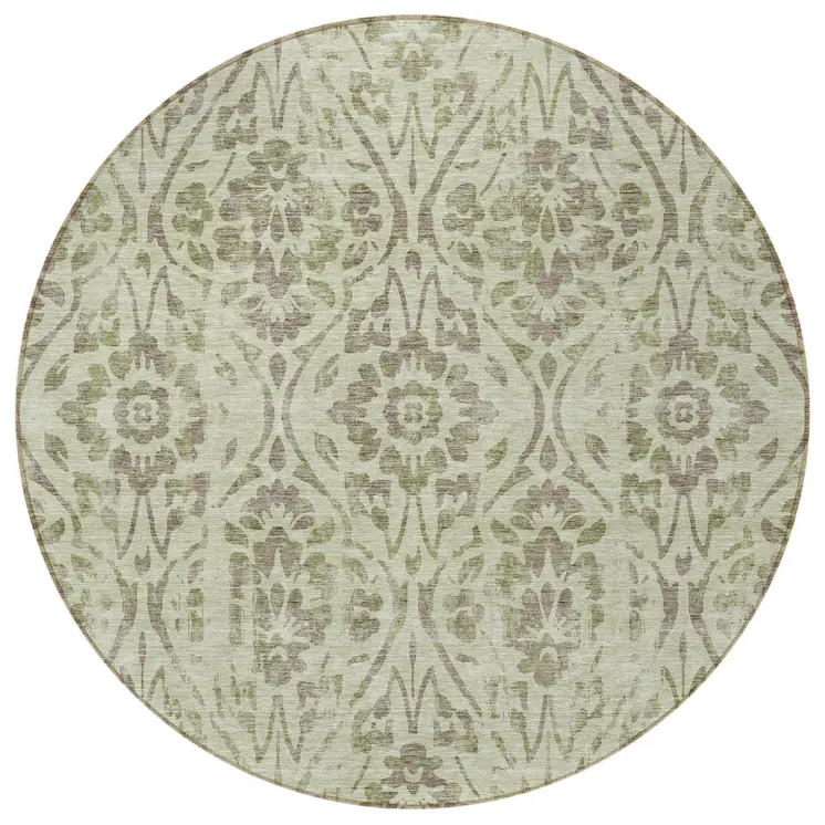 8' Artichoke Green And Brown Round Floral Washable Indoor Outdoor Area Rug