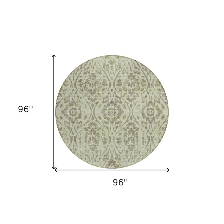 8' Artichoke Green And Brown Round Floral Washable Indoor Outdoor Area Rug
