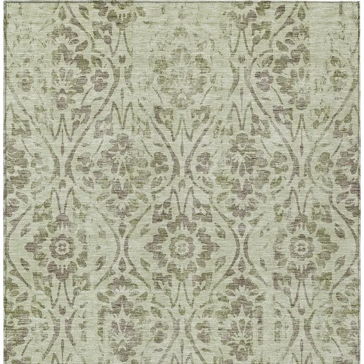 8' X 10' Artichoke Green And Brown Floral Washable Indoor Outdoor Area Rug