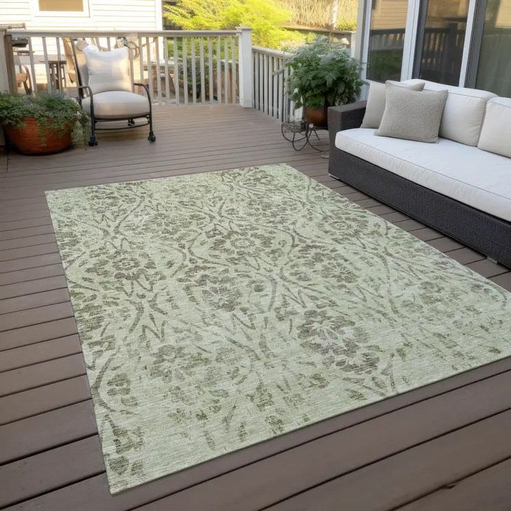 9' X 12' Artichoke Green And Brown Floral Washable Indoor Outdoor Area Rug