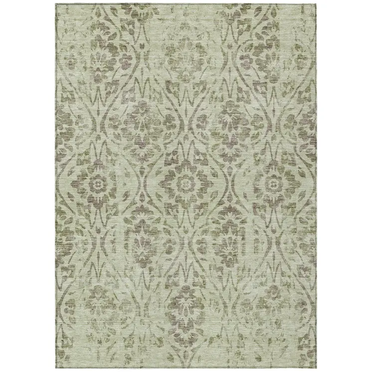 9' X 12' Artichoke Green And Brown Floral Washable Indoor Outdoor Area Rug