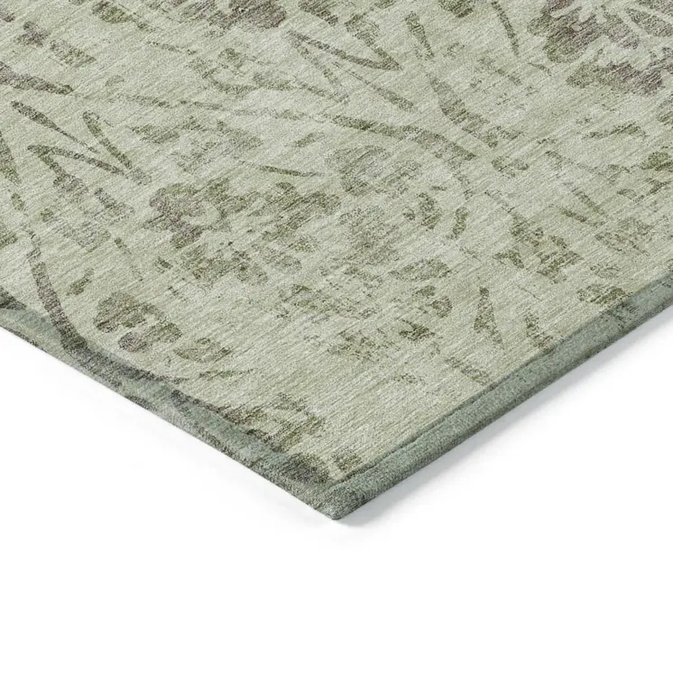 9' X 12' Artichoke Green And Brown Floral Washable Indoor Outdoor Area Rug