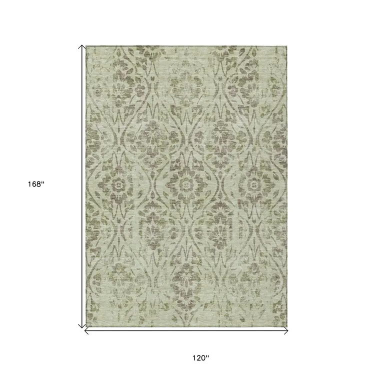 10' X 14' Artichoke Green And Brown Floral Washable Indoor Outdoor Area Rug