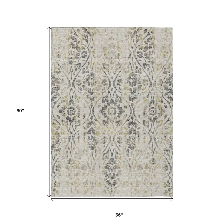 3' X 5' Beige Floral Washable Indoor Outdoor Area Rug