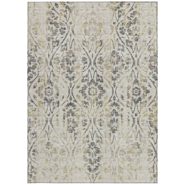3' X 5' Beige Floral Washable Indoor Outdoor Area Rug