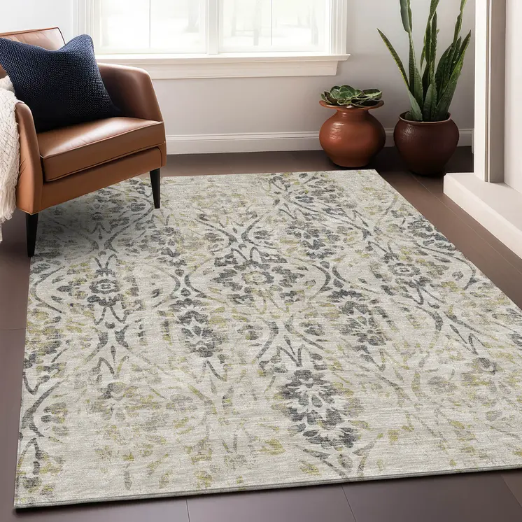 3' X 5' Beige Floral Washable Indoor Outdoor Area Rug