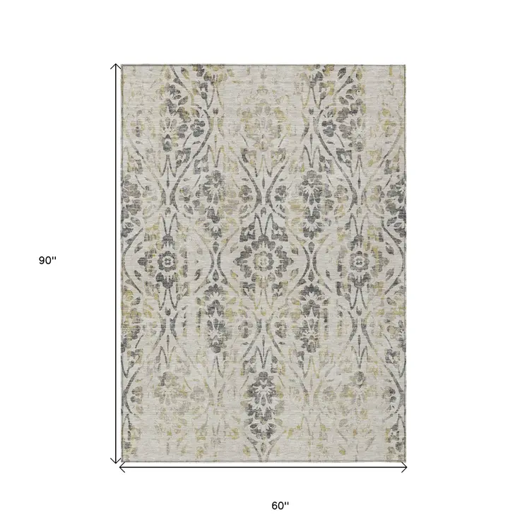5' X 8' Beige And Dark Gray Floral Washable Indoor Outdoor Area Rug