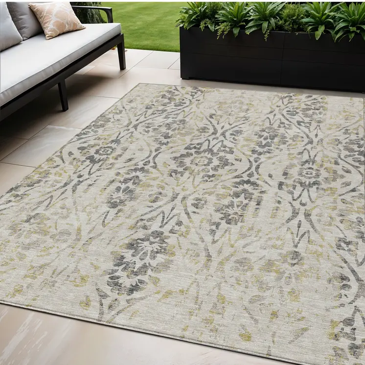 5' X 8' Beige And Dark Gray Floral Washable Indoor Outdoor Area Rug