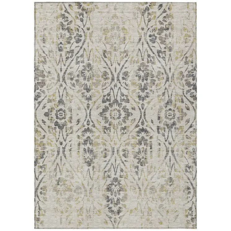 8' X 10' Beige And Dark Gray Floral Washable Indoor Outdoor Area Rug