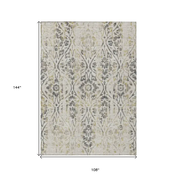 9' X 12' Beige And Dark Gray Floral Washable Indoor Outdoor Area Rug