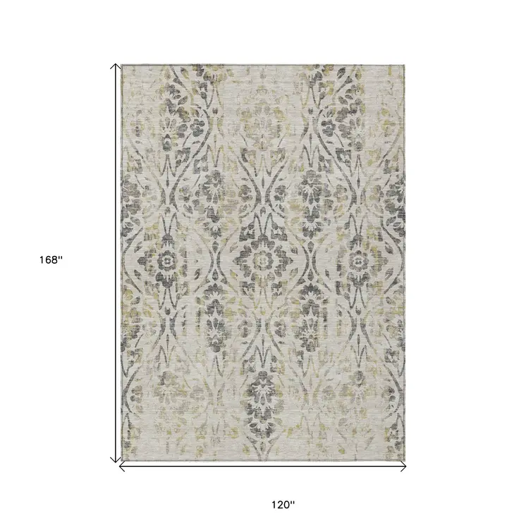 10' X 14' Beige And Dark Gray Floral Washable Indoor Outdoor Area Rug