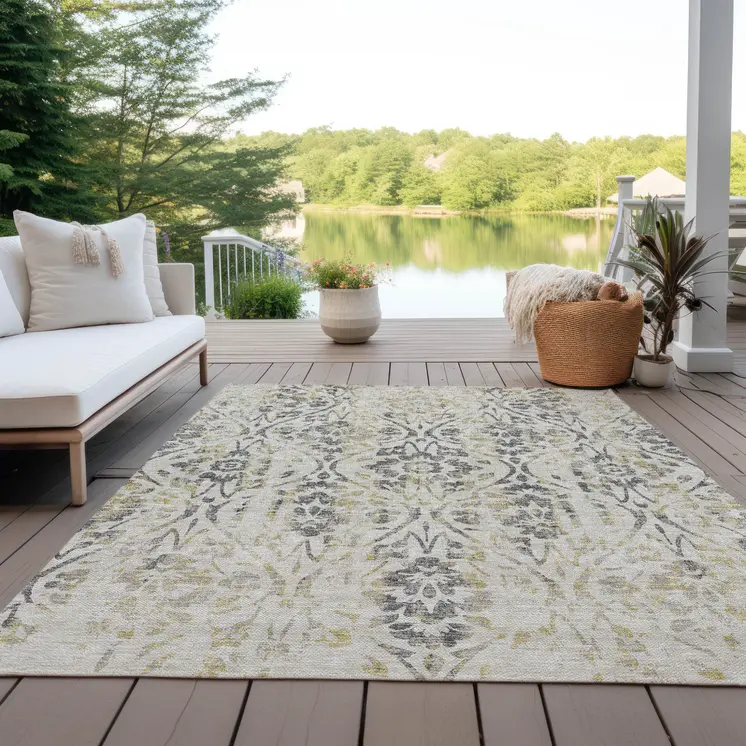 10' X 14' Beige And Dark Gray Floral Washable Indoor Outdoor Area Rug