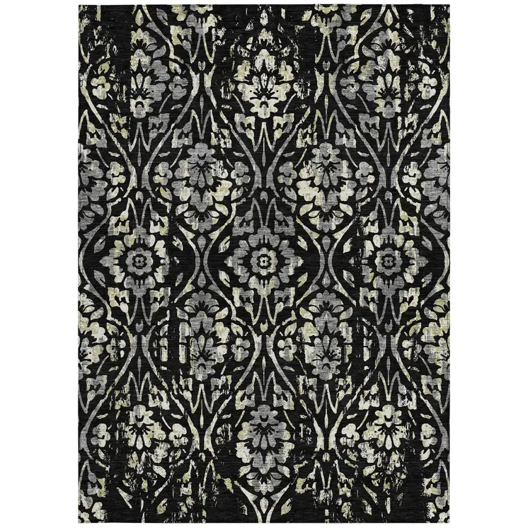 5' X 8' Black Gray And Ivory Floral Washable Indoor Outdoor Area Rug