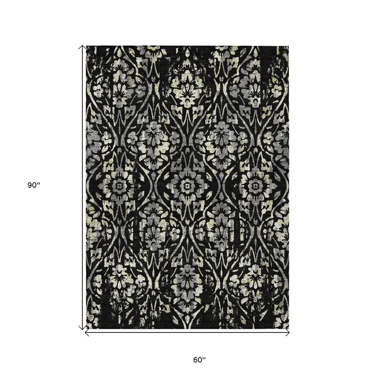 5' X 8' Black Gray And Ivory Floral Washable Indoor Outdoor Area Rug