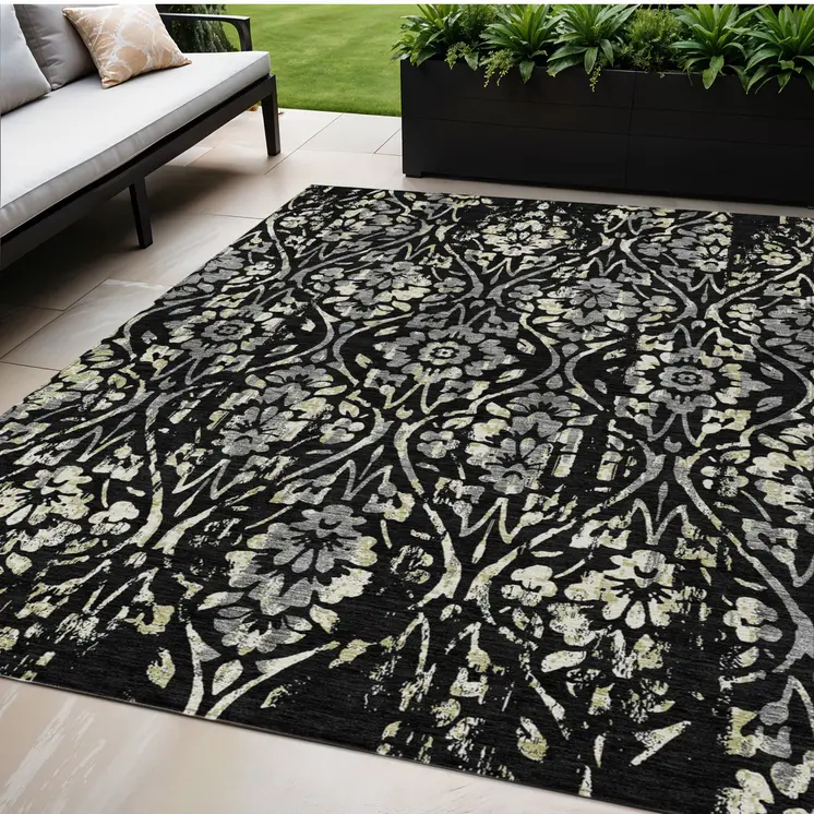 5' X 8' Black Gray And Ivory Floral Washable Indoor Outdoor Area Rug