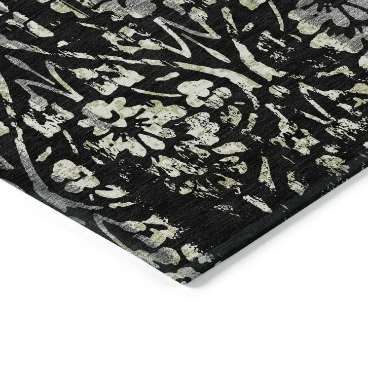 5' X 8' Black Gray And Ivory Floral Washable Indoor Outdoor Area Rug