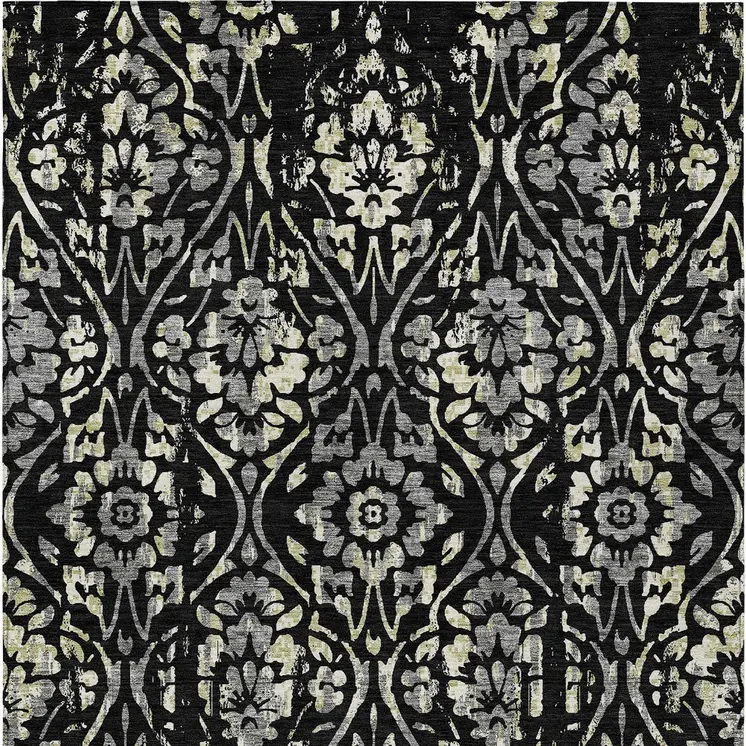 5' X 8' Black Gray And Ivory Floral Washable Indoor Outdoor Area Rug
