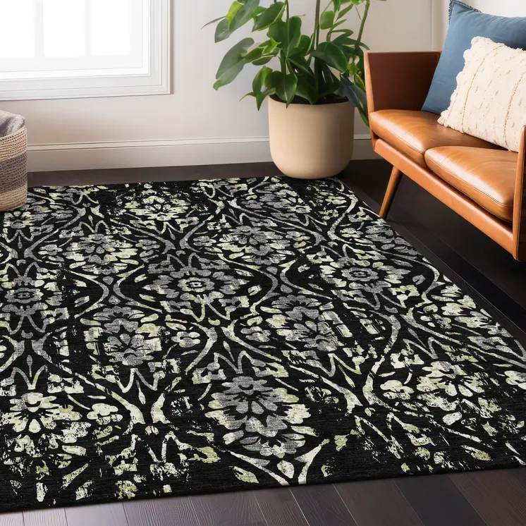 5' X 8' Black Gray And Ivory Floral Washable Indoor Outdoor Area Rug