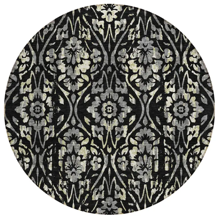 8' Black Gray And Ivory Round Floral Washable Indoor Outdoor Area Rug