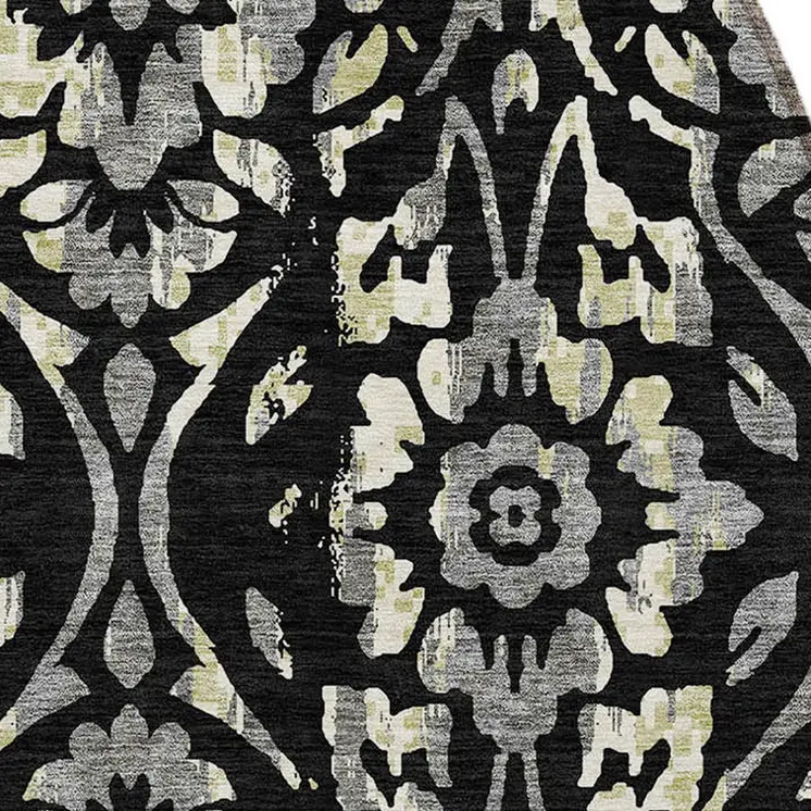 8' Black Gray And Ivory Round Floral Washable Indoor Outdoor Area Rug