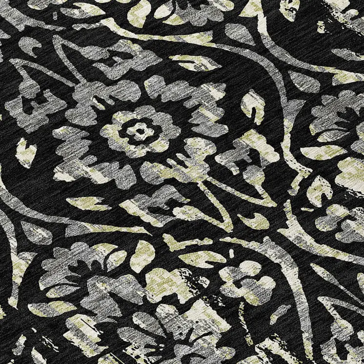 8' Black Gray And Ivory Round Floral Washable Indoor Outdoor Area Rug